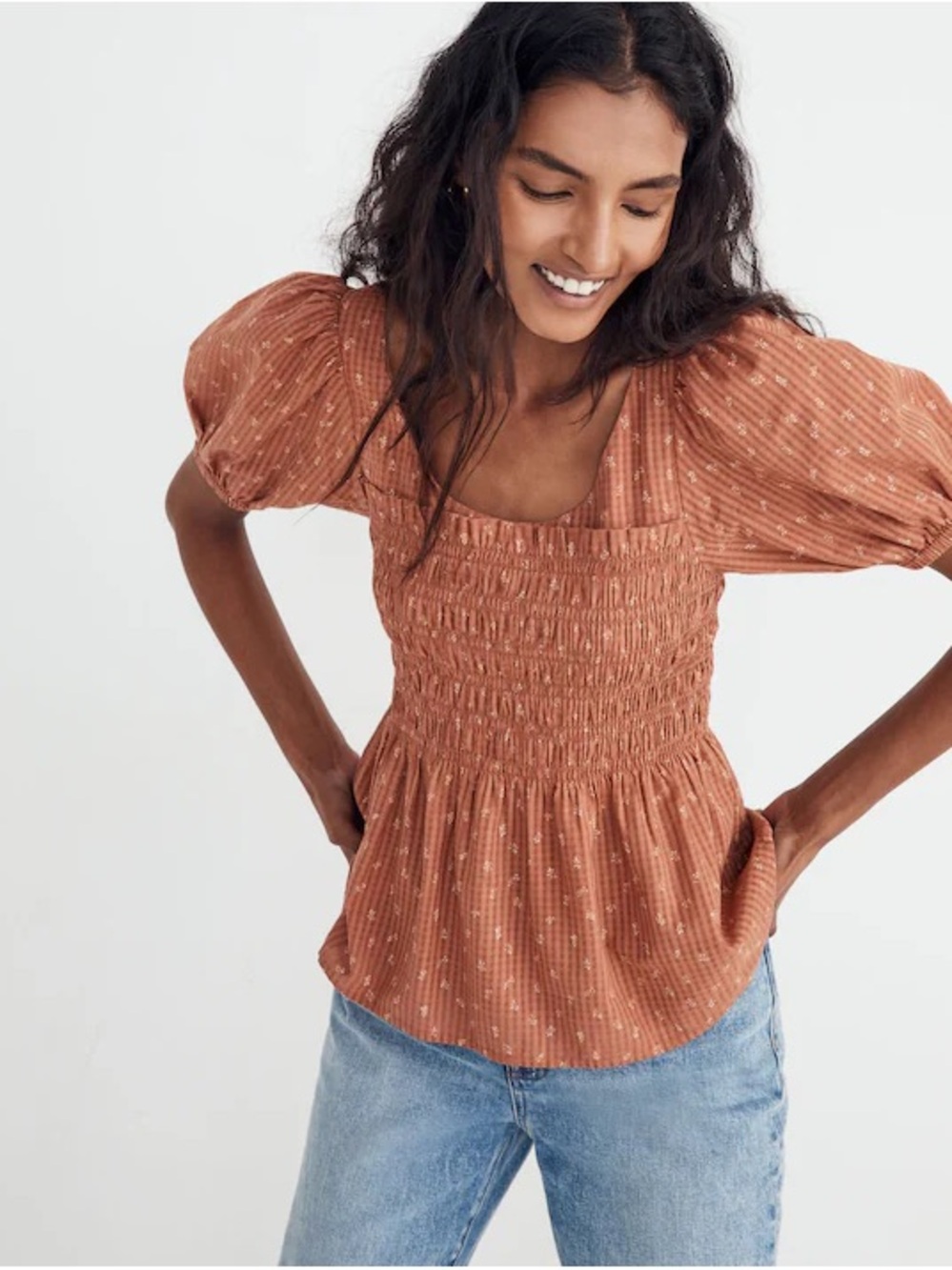 Madewell Rust Smocked Square-Neck Puff Sleeve Top